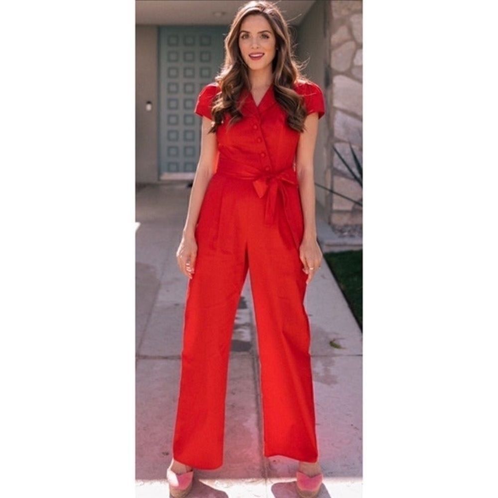 Gal Meets Glam Red Camille Short Sleeve Jumpsuit 4